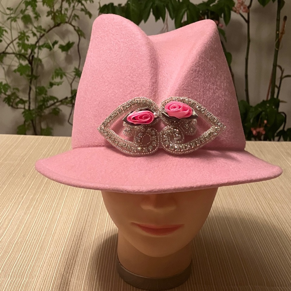 Elegant Pink Wool Hat with Pink Floral Accent and Silver Rhinestone Beaded Motif
